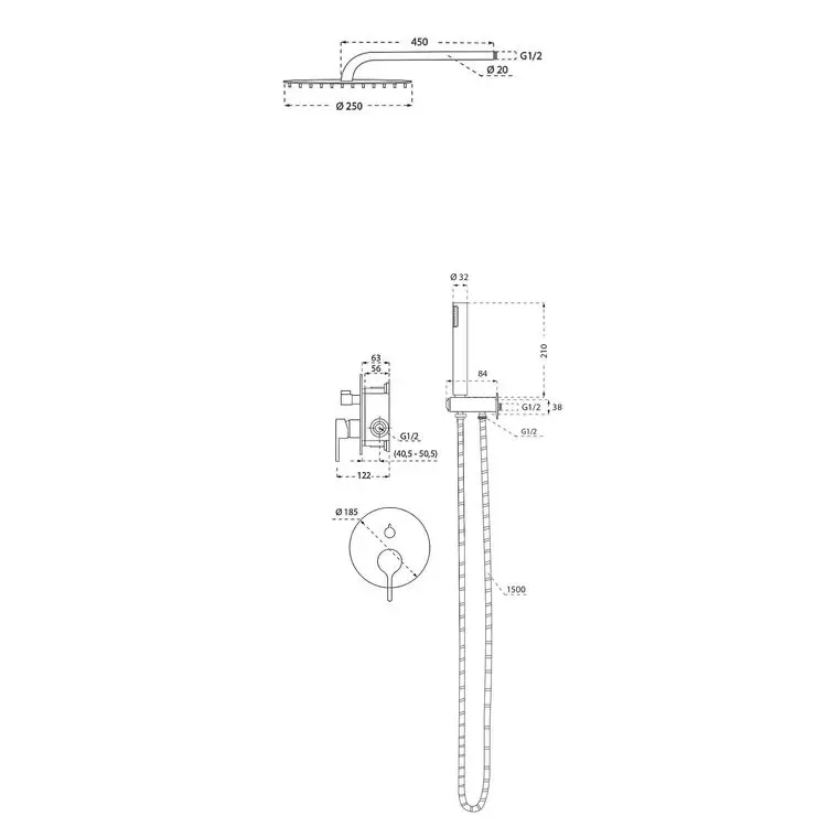 Set Doccia Ad Incasso Con Braccio A Parete (Set 2)- Mirtak - Bianco Opaco - Linea Era - immagine 2