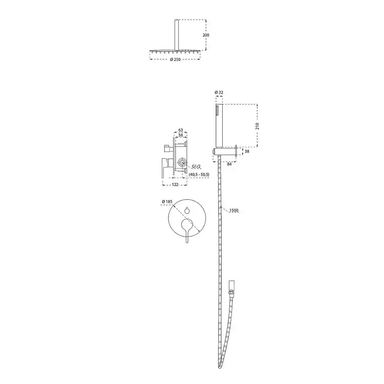 Set Doccia Ad Incasso Con Braccio A Soffitto (Set 1) - Mirtak - Nero Opaco - Linea Era - immagine 2