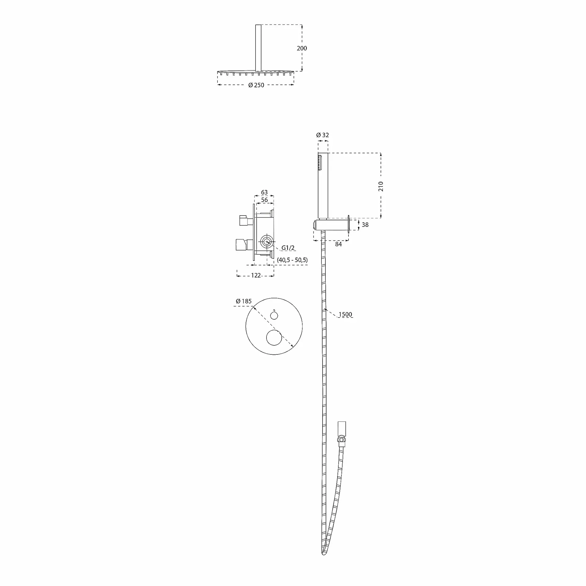 Set Doccia Ad Incasso Con Braccio A Soffitto (Set 1) - Mirtak - Cromato - Linea QUO B - immagine 5